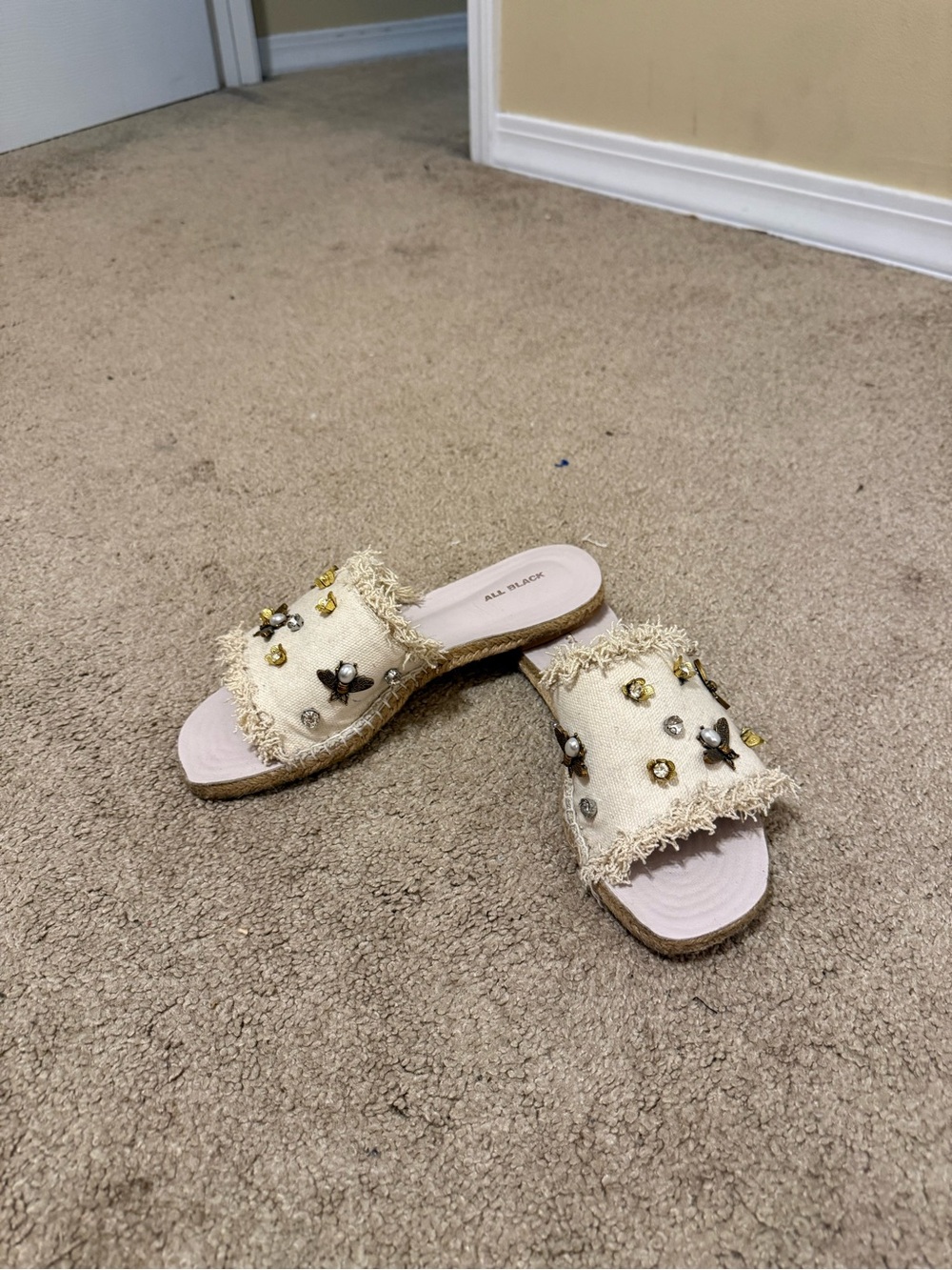 All Black Embellished Fringe Slide Mules in Cream